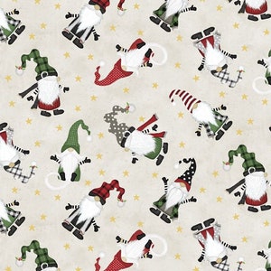 Sale - Sale - Gnome-Antics from Wilmington Prints - 1/2 Yard Tossed Gnomes on Tan - Christmas