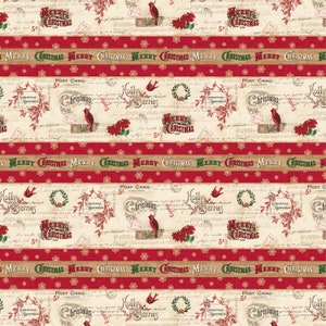 Soldes - Carte postale des fêtes de P&B Textiles - Bordure de Noël à rayures d'un demi-mètre - Cardinaux rouge crème, Musique