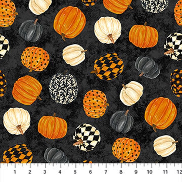 Black Cat Capers from Northcott Fabrics - 1/2 Yard Tossed Pumpkins on Black