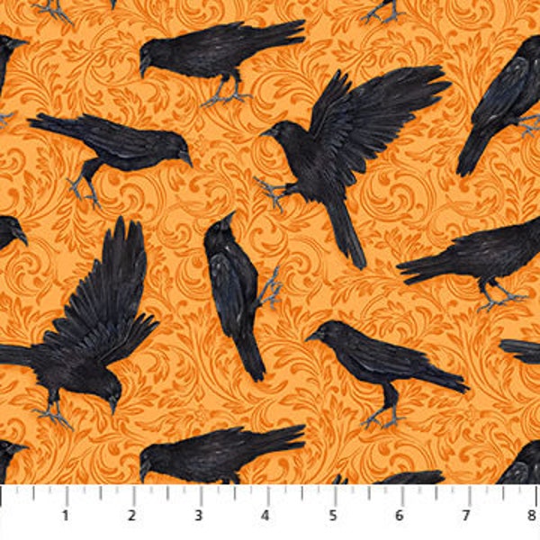 Candelabra from Northcott Fabrics - 1/2 Yard Tossed Ravens on Orange - Halloween Crows