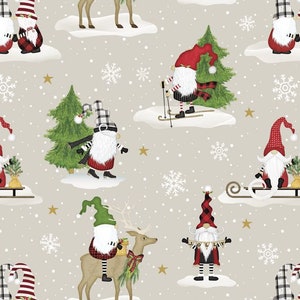 Sale - Gnome-Antics from Wilmington Prints - 1/2 Yard Winter Gnomes on Tan - Christmas