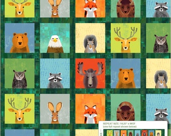 Wild North from Windham Fabrics - ~20" x 44" Wildlife Portraits - Moose, Buffalo, Squirrel, Raccoon, Owl, Rabbit, Bear