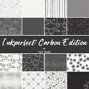 May include: A collection of fabric swatches with various patterns in shades of black, white, and gray. The text "Inkperfect: Carbon Edition" is displayed in the center, with "by AGF Studio" below it. The patterns include floral, geometric, and abstract designs.