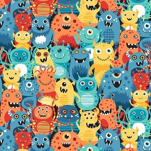 Könnte beinhalten: Ein farbenfrohes Muster mit einer Vielzahl von Cartoon-Monstern in Blau-, Orange-, Gelb- und Grüntönen. Die Monster haben unterschiedliche Formen, Größen und Ausdrücke, mit mehreren Augen und grinsenden Zähnen. Der Hintergrund ist dunkel.