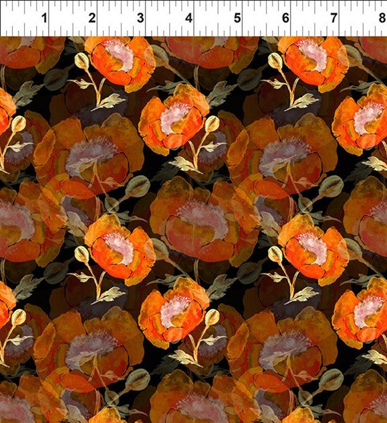 May include: A repeating pattern of orange poppies with yellow centres and green leaves on a black background. The flowers are in various stages of bloom, creating a dynamic floral design.