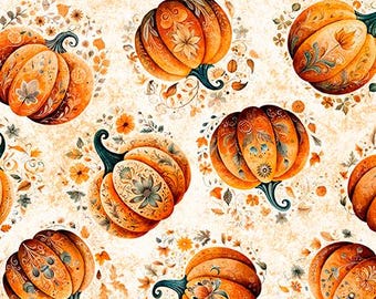 Harvest Hollow von QT Fabrics – 0,5 Yard Tossed Pumpkins (Halloween) – Orangefarbene Kürbisse auf cremefarbenem Herbststoff