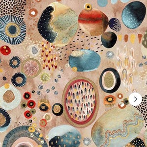 May include: Abstract watercolor pattern featuring various shapes and textures in a warm color palette. The design includes circular and oval forms with intricate details, such as dots, lines, and textured fills, creating a visually rich and artistic composition.