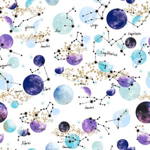 Sale - Sale - Magical Galaxy from 3 Wishes Fabrics - 1/2 Yard Constellations and Planets Purple and Blue on White