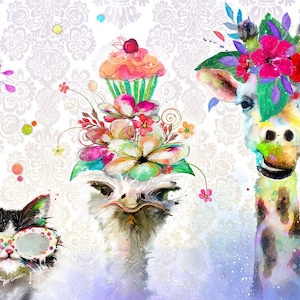 Sale 25% Off - Party Animals from 3 Wishes Fabrics - 24&quot; x 44&quot; Panel Whimsical Adorable Animals - Zebra, Ostrich, Giraffe, Cat, Rabbit