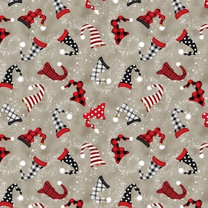 Sale 25% Off - Gnome-Antics from Wilmington Prints - 1/2 Yard Tossed Stocking Caps on Taupe