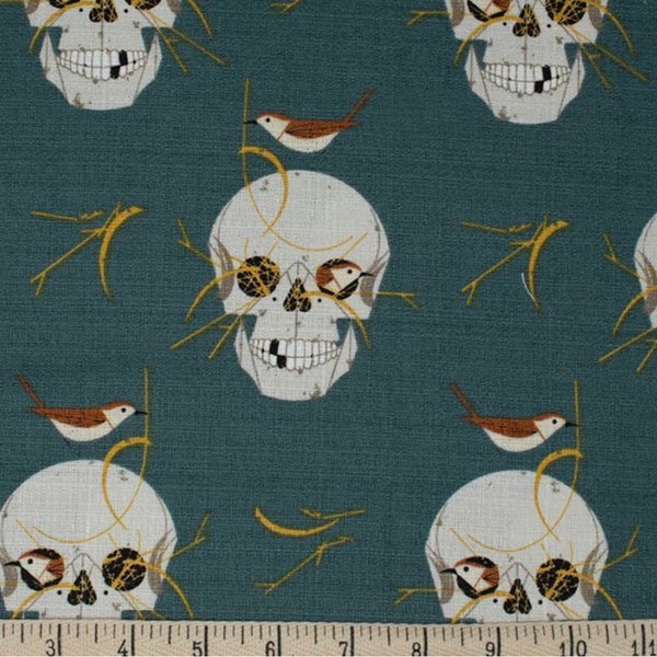 Wrented Barkcloth by Charley Harper for Birch Organic Fabrics - Half Yard of Birds Nesting in Skulls on Stone Grey - 57/58" Wide