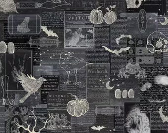 Hexengeschichte von Lexi Grenzer für Clothworks – 0,5 Meter Stoff, Schwarz – Raben, Bäume, Kürbisse, Fledermäuse, Halloween