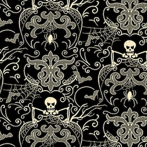 Sale 25% Off - Midnight Haunt from Andover Fabrics - 1/2 Yard of Spooky White Damask on Black