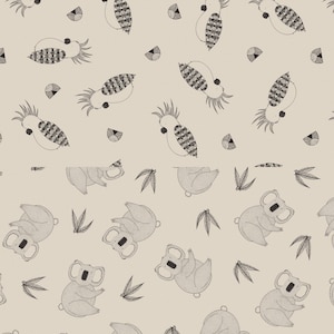 Könnte beinhalten: Ein nahtloses Muster mit Schwarzweiß-Illustrationen von Koalas und Kakadus auf beigefarbenem Hintergrund. Die Koalas sitzen aufrecht mit erhobenen Armen, während die Kakadus mit ausgebreiteten Flügeln sitzen. Das Muster wiederholt sich über das gesamte Bild.