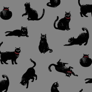 May include: A seamless pattern featuring black cats in various poses on a gray background. Some cats are wearing red collars. The pattern is perfect for fabric, wallpaper, or wrapping paper.