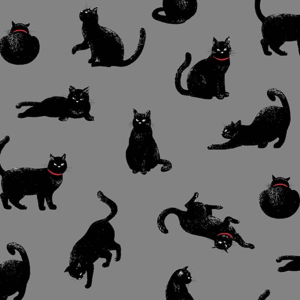 Sale - Blackboard Art from Cosmo Textiles - 1/2 Yard Cotton Sheeting Black Cats on Gray