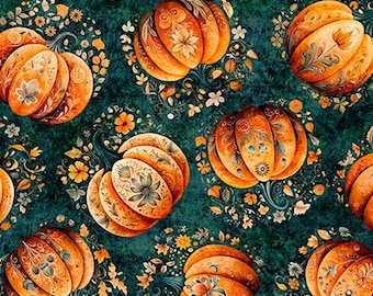 Harvest Hollow Kollektion von QT Fabrics – 0,5 Yard Tossed Pumpkins in Türkis – Halloween, Herbst