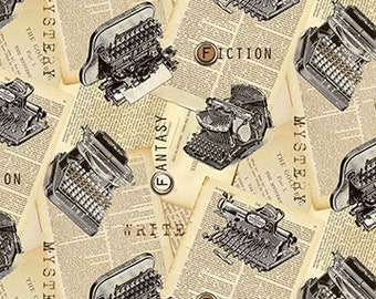 Contes de chat de Northcott Fabrics - Machines à écrire de 1/2 cour sur papier journal - Machines à écrire anciennes