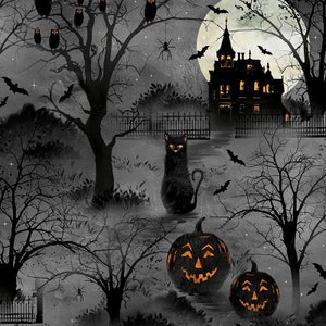 Frightful Night from Wilmington Prints - 1/2 Yard Halloween Scene - Haunted House, Jack-o-Lanterns, Black Cats