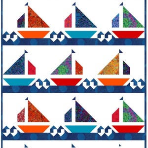 May include: A quilt pattern titled Regatta by Pink Parakeet Designs featuring rows of colorful sailboats on a dark blue background. The sailboats have patterned sails in shades of red, orange, green, and blue. The text reads Fat Quarter Friendly.