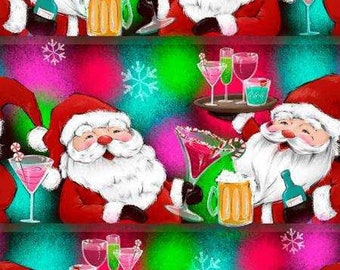 Holiday Spirits from 3 Wishes Fabrics - 1/2 Yard Santa Border Stripe of Santa Serving Drinks