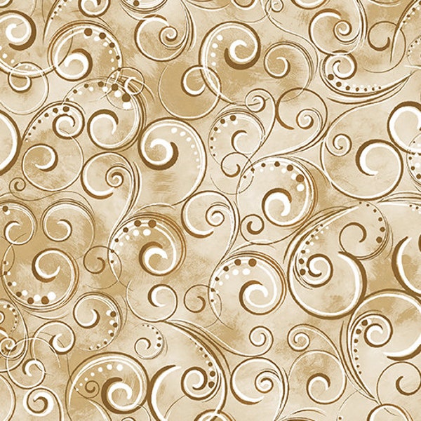 Tan Pearl Splendor from Canvas Studios for Benartex - 1/2 Yard - Filigree with Metallic Accents on Blended Tan