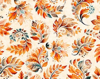 Harvest Hollow von QT Fabrics – 0,5 Yard Herbstblätter – Orange, Gelb auf Creme