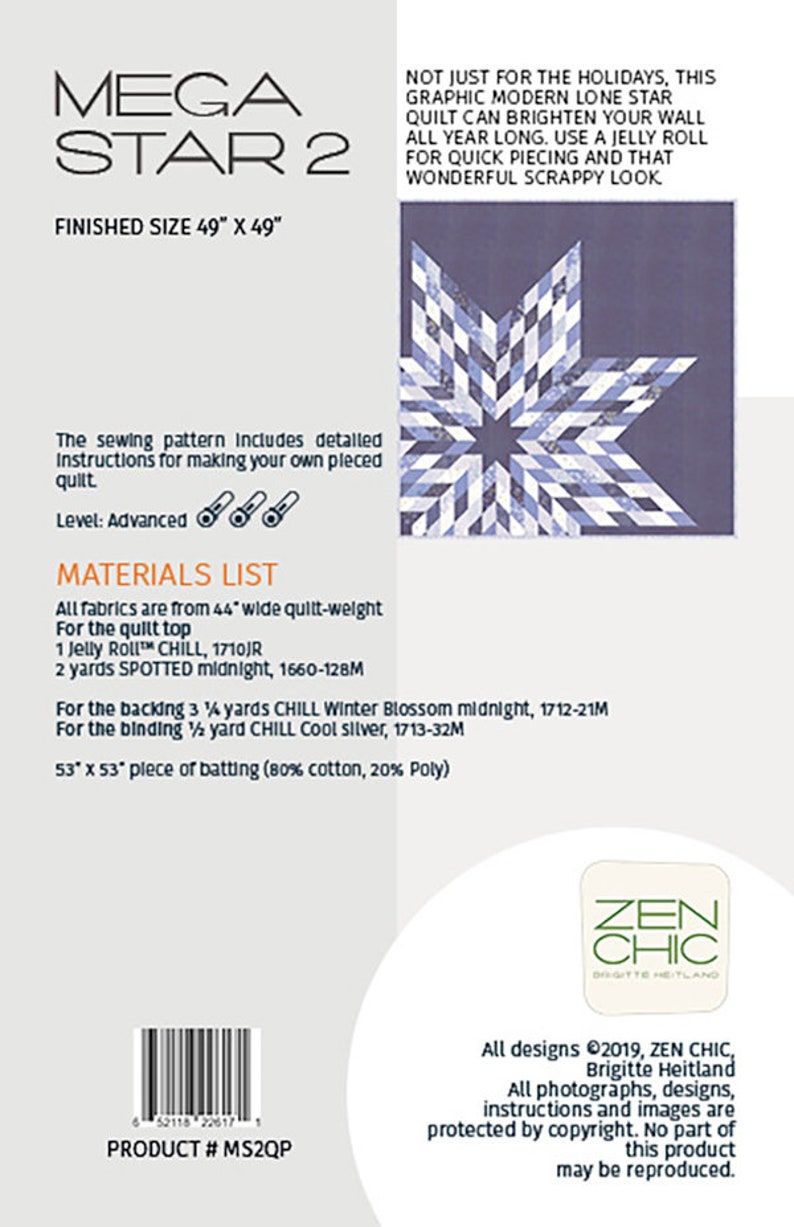 Jelly roll Friendly Mega Star 2 by Zen Chic Quilt Pattern for 49 x 49 Finished Graphic Modern Lone Star