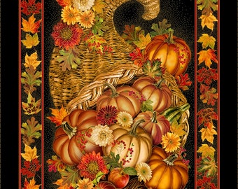 Thankful from Timeless Treasures - 24” x 44” Thanksgiving Fall Cornucopia Metallic Panel - Fall, Pumpkins, Apples, Fall Leaves