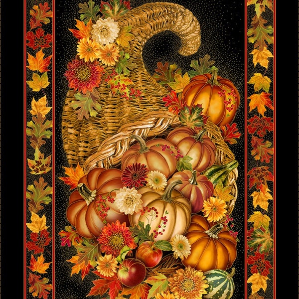 Thankful from Timeless Treasures - 24” x 44” Thanksgiving Fall Cornucopia Metallic Panel - Fall, Pumpkins, Apples, Fall Leaves