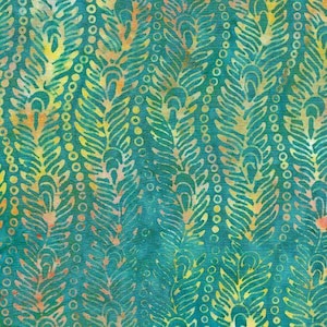 Sale 25% Off - Peacock Galore from Island Batiks - Half Yard Wavy Peacock Feathers in Aquamarine