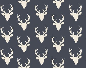 Sale - Hello Bear from Art Gallery Fabrics - 1/2 Yard Tiny Buck Forest - Stag Heads on Black