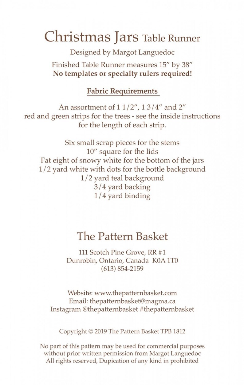 Christmas Jars Table Runner Pattern from the Pattern Basket 15 x 38 Christmas Tree Pattern