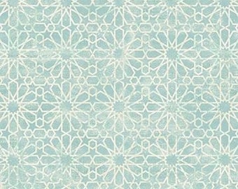 May include: A light blue surface featuring a repeating geometric pattern of white interlocking stars and lines. The design displays a weathered, textured finish across the entire surface, creating a consistent grid of symmetrical shapes.