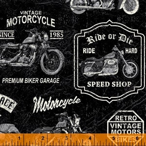 Sale - Born to Ride from Windham Fabrics - Half Yard Motor Cycles and Signs on Crackled Black