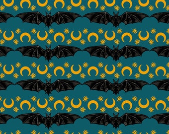 Storybook Halloween from Free Spirit Fabrics - 1/2 Yard Cosmic Stripe - Bats and Moons on Dark Teal