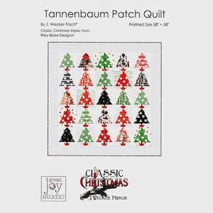 May include: A Tannenbaum Patch Quilt with a white background featuring rows of Christmas trees in various colors and patterns. The finished size is 58" x 58". The quilt is made with Classic Christmas fabric from Riley Blake Designs.