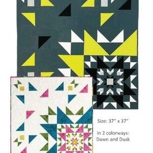 May include: A quilt pattern called "Novalie" designed by Kate Colleran and Tammy Silvers. The pattern features a geometric design with a starburst in the center. The quilt is 37 inches by 37 inches and is available in two colorways: Dawn and Dusk.