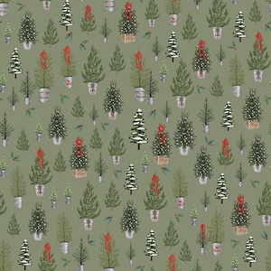Boerderijkerst van Riley Blake Designs - 1/2 tuin kerstbomen op groen