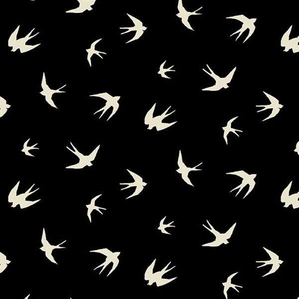 Verdigris from Andover Fabrics - 1/2 Yard Beaches Ink - White Bird Silhouettes on Black