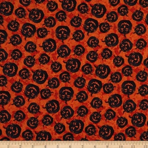 Sale - Frightful Night from Wilmington Prints - 1/2 Yard Black Jack-o-Lanterns on Orange - Halloween