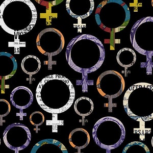 May include: A black background with a repeating pattern of the female gender symbol. The symbol is made up of a circle with a cross at the bottom. The circle is filled with a variety of vintage newspaper clippings and text. The text includes words like "suffrage", "victory", "19th Amend", and "women".