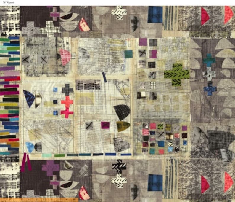 Puede incluir: Una tela abstracta multicolor con un dise&ntilde;o de patchwork. La tela presenta formas geom&eacute;tricas, l&iacute;neas y cruces en varios colores, incluyendo rojo, azul, verde y morado. La tela tiene un aspecto texturizado y desgastado.