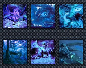 Dragons from In the Beginning Fabrics - 1 Yard Panel Dragons Blue Fury