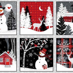 Może przedstawiać: Panel materiału o tematyce zimowej z sześcioma kwadratowymi scenami. Każda scena przedstawia zaśnieżony krajobraz z elementami takimi jak bałwany, jelenie, domki i drzewa. Paleta kolorów obejmuje czerwień, czerń, biel i szarość, z kratkową obwódką.