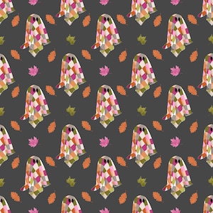 May include: A repeating pattern on a dark grey background featuring ghost shapes covered in a multicoloured diamond quilt design, interspersed with various fallen autumn leaves in shades of orange, pink, and green throughout the design.