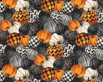 Night Owl für Northcott Fabrics – 0,5 Yard Stoffpaket mit Kürbissen – Halloween – Schwarze, graue, orangefarbene und cremefarbene Kürbisse