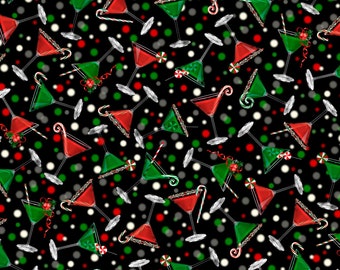 Sweet Holidays from Benartex - 1/2 Yard Black Holiday Cheer - Christmas Martini Fabric - Red and Green on Black