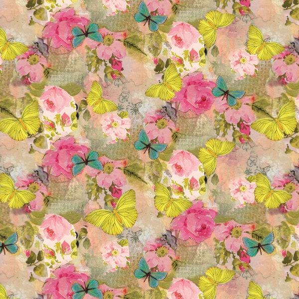 A Beautiful Life from Benartex - 1/2 Yard Floral in Pink, Gold with Yellow Butterflies