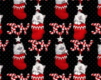 Furry and Bright from Studio E - 1/2 Yard Kittens in Stockings on Black - Christmas Kittens